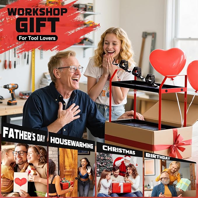 Power Tool Organizer Wall Mount with Broom Holder Combo, Red & Black 3-Tier Garage Storage Rack with Battery Storage, 4 Drill Holder Slots, Heavy Duty Steel 150LB Capacity