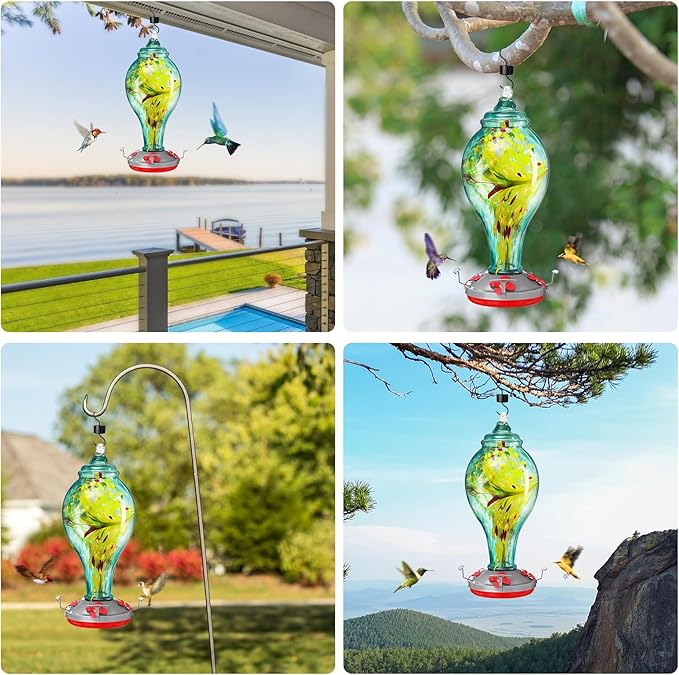 36 oz Hummingbird Feeder for Outdoors Hanging Ant Proof, Stunning Glass Bird Feeder-Leak Proof&All Weather Use, with Hook&Rope&Brush, Outside Garden Yard Window Patio Decor