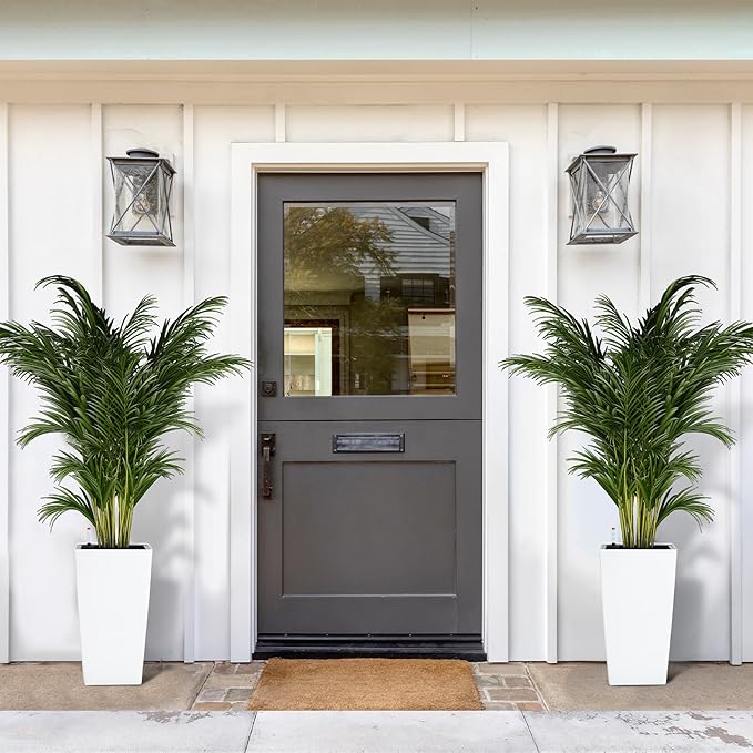 GarveeLife 16 in Tall Planters Set of 2, Outdoor&Indoor Black Planter Pots, High Front Porch Planter Pots with Drainage Holes&Water Level Monitor&Inner Bucket, Automatic Watering,White