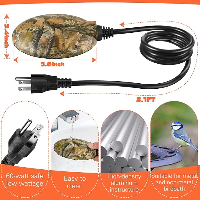 1 Pack Upgrade Bird Bath Heater for Outdoors in Winter, Pond Deicer 60 Watts Birdbath Deicer Water Heater Thermostatically Controlled with Auto Shut off Function for Patio Lawn (Army Green)