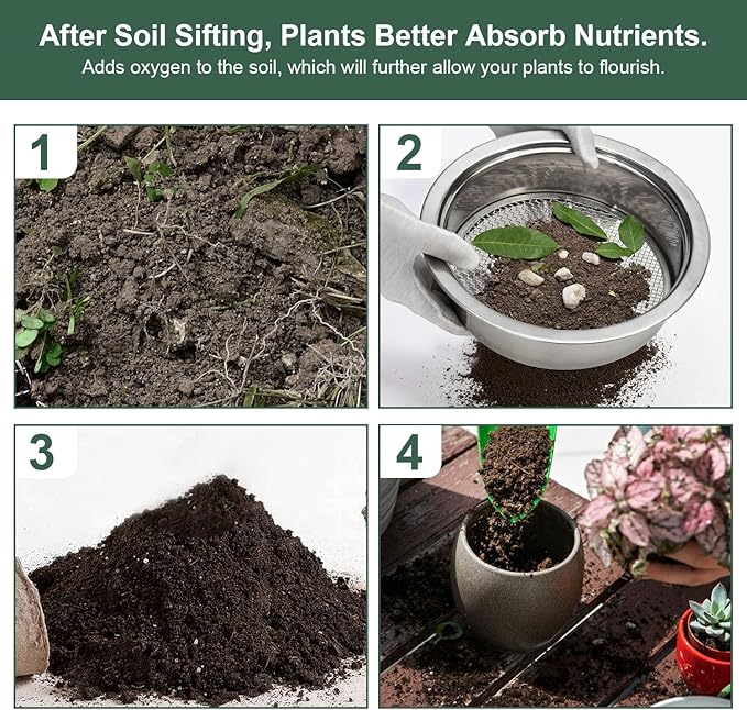 Soil Sifter Garden Soil Sieve Stainless Steel Sieve Set, with 3 Interchangeable Filter Mesh-3,6,9mm Sieve for for Dirt, Sand, Rock, Filtration, Compost
