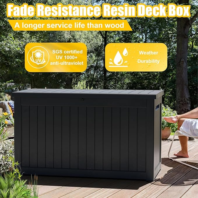 XXL 230 Gallon Large Resin Deck Box, Lockable Outdoor Storage Box for Patio Cushions Storage Furniture,Garden Tools, Pool Supplies, Weatherproof and UV Resistant- Black (230 Gallon)