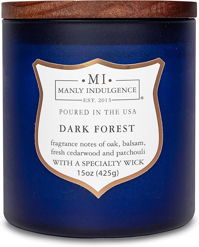 Manly Indulgence Dark Forest Scented Jar Candle for Men, Wood Wicked Candle, 15 oz - Oak, Balsam, Fresh Cedarwood & Patchouli - Up to 60 Hours Burn, Soy Blend Wax, USA Poured, Navy Blue