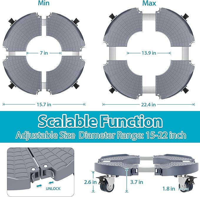 VANCASTLE Plant Caddy Plant Stand with Wheels, Heavy Duty Plant Roller Base 15-22 Inch Adjustable,Palnt Wheel Base 440 LBS, Large Potted Planter Cart Dolly for Flower Mover, Gray, 1 Pack