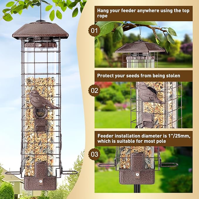 Squirrel Proof Bird Feeder for Outdoors Hanging, Gravity Protection Metal Wild Bird Feeder, 3LB Large Capacity, 4 Ports, Cardinal, Chickadee, Durable & Weatherproof, Ideal for Backyard