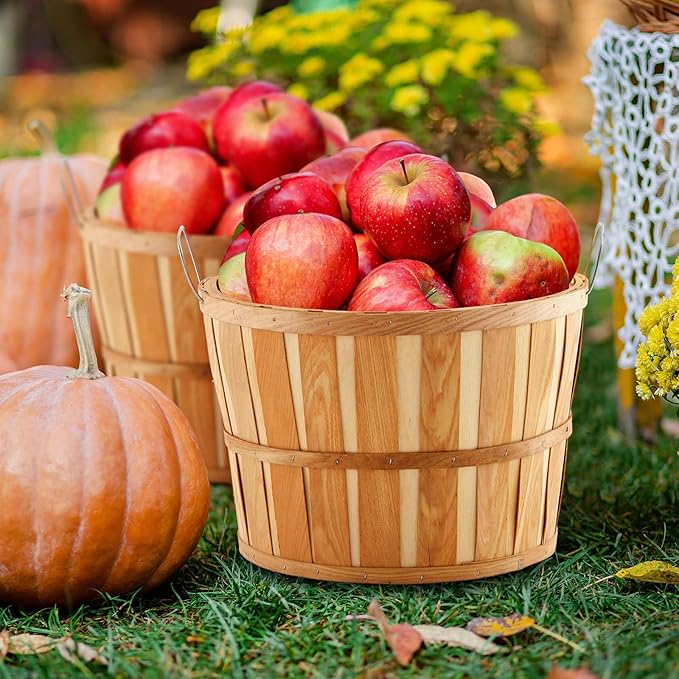 Marsui 8 Pcs Jumbo Half Bushel Baskets 14 x 9.5 inch Large Round Wooden Apple Basket with Handles Handcrafted Produce for Farmers Market Fall Harvest Fruit Personal or Commercial Use