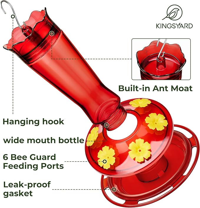 Kingsyard Glass Hummingbird Feeder for Outdoors Hanging - 6 Bee Guard Feeding Ports & Built-in Ant Moat, Wild Bird Feeder for Outside Garden Yard Patio 14 Oz, Red