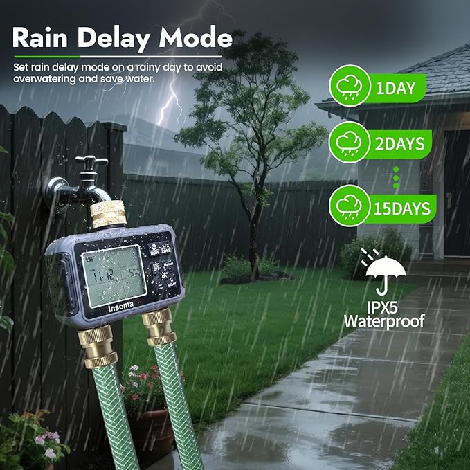 Insoma Water Timer with Brass Inlet & Outlet, 2 Independent Zones Outdoor Hose Timer for Garden Faucet with Auto/Manual/Rain Delay Mode, Sprinkler Irrigation Controller for Yard Lawn