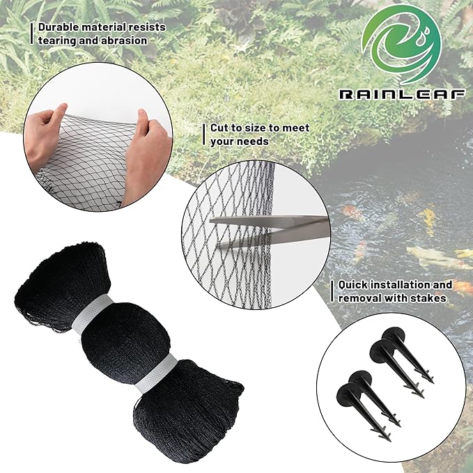 Rainleaf Pond Netting, 28' x 30' Pond Net Cover, Koi Pond Netting for Leaves, Heavy Duty Koi Pond Net Protecting Koi Fish from Herons, Stakes Included, Snare Nets