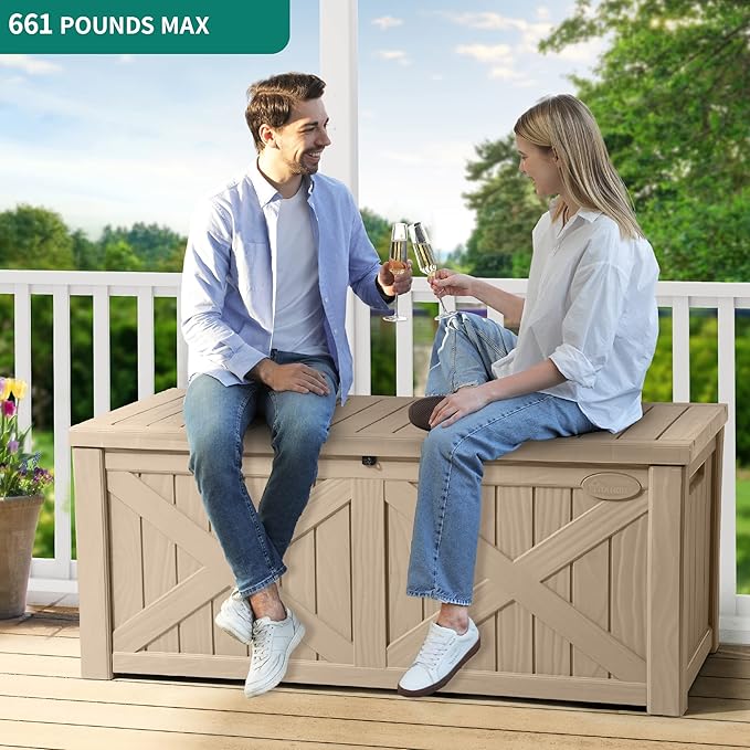 YITAHOME 120 Gallon Large Outdoor Storage Box with X-Shaped Front, Waterproof Resin Deck Box Cushion Storage Bench for Patio, Pool Supplies, Garden Tools- Lockable, Taupe