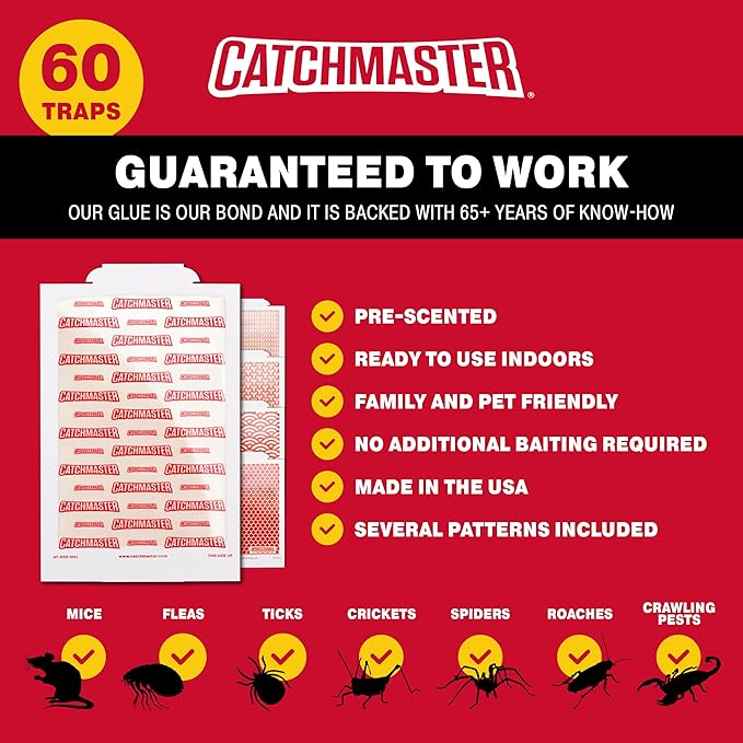 Catchmaster Pro Strength Mouse & Insect Glue Boards 60pk Traps Indoor for Home, Adhesive Bug Catcher, Rat & Rodent Sticky Trap, Non Toxic Bulk Pre-Baited Glue Traps, Pet Safe House Pest Control
