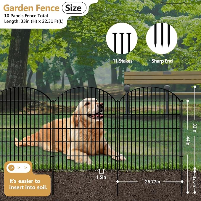 10 Panels No Dig Decorative Outdoor Garden Fence for Yard, 33in (H) x 22.31ft (L) Animal Barrier Fencing Rustproof Metal Panel Border for Dog, Rabbits Patio Camping Temporary Ground Stakes