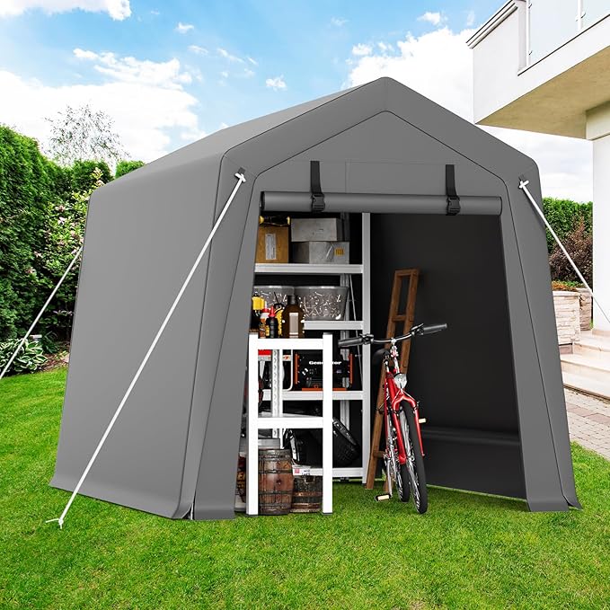 Garvee 6'x8' Outdoor Portable Storage Shed, Waterproof & UV-Resistant Garage Shelter with 2 Roll-Up Zipper Doors, Anti-Snow Carport Tent for Motorcycle, Bike, and Outdoor Equipment, Gray