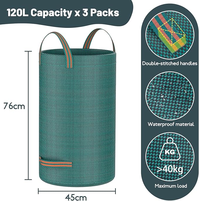 Mokani Reusable Yard Waste Bags, 32 Gallon Lawn and Leaf Bags 3 Packs, Heavy Duty Garden Bags with Reinforced Handles, Camping Yard Recycling Leaf Bag for Leaves