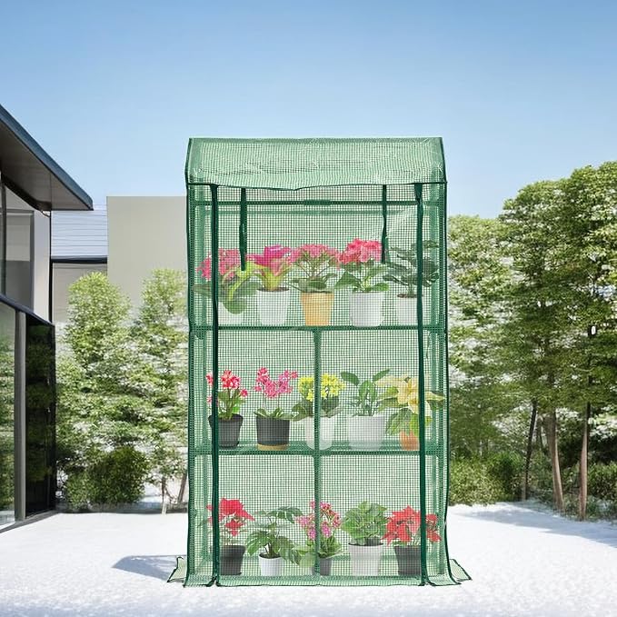 Mini Greenhouse for Indoor Outdoor, Small Plastic Plant Green House Rack Stand Portable Greenhouses with Durable PE Cover for Seedling 60 "x 35"x 16",20 Pcs T-Type Plant Tags Include(PLGH4053G)