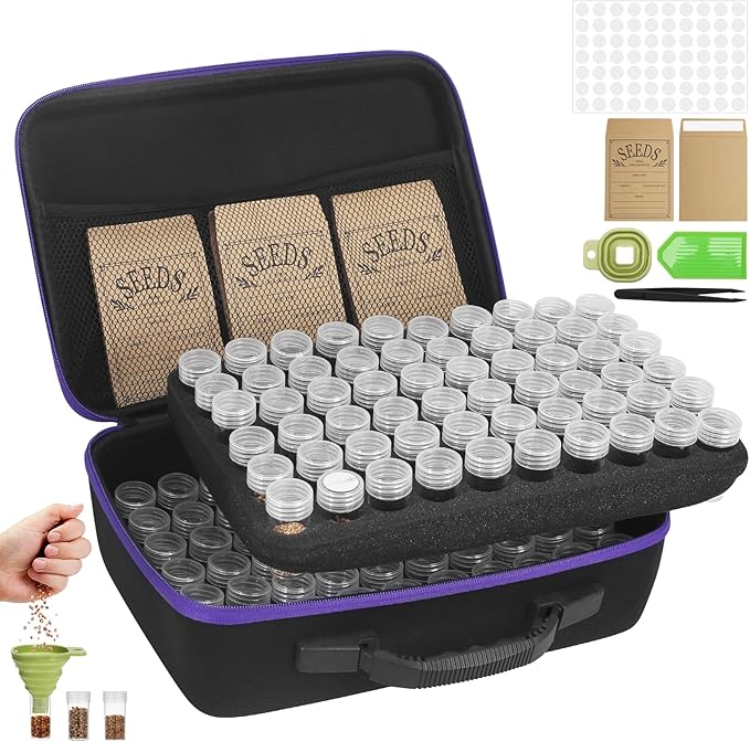 120 Slots Seed Storage Box with 25 Envelopes and Tools, Large Sturdy Storage Organizer for Garden Plant Seeds, Seed Bank with Zipper, Label, Funnel, Tweezers, Tray (Seeds Not Included)