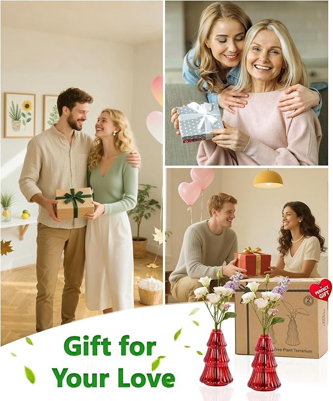 Nacome 2Pcs Tree-Shaped Glass Plant Terrarium,Planter Propagation Station Christmas Tree Decorations for Hydroponics Home Office, Unique Gifts for Plant Lovers Women Mom(Red)