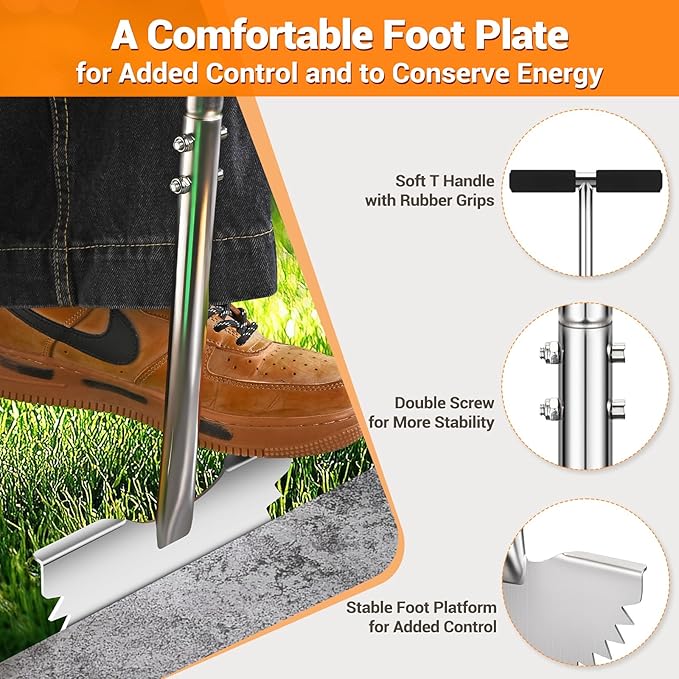Manual Edger Lawn Tool: Half Moon Edger with Saw-Tooth Upgrade – 38'' Stainless Steel Edging Tool for Garden, Yard & Sidewalks – Ergonomic T-Grip for Clean Edging on Flower Beds