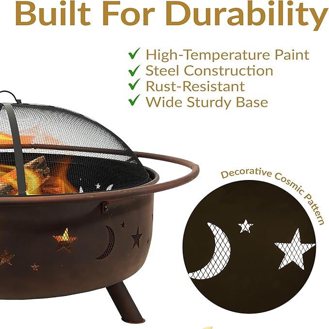 Sunnydaze Cosmic 42-Inch Large Outdoor Fire Pit - Wood-Burning Fire Pit with Round Spark Screen, Poker, and Built-in Grate