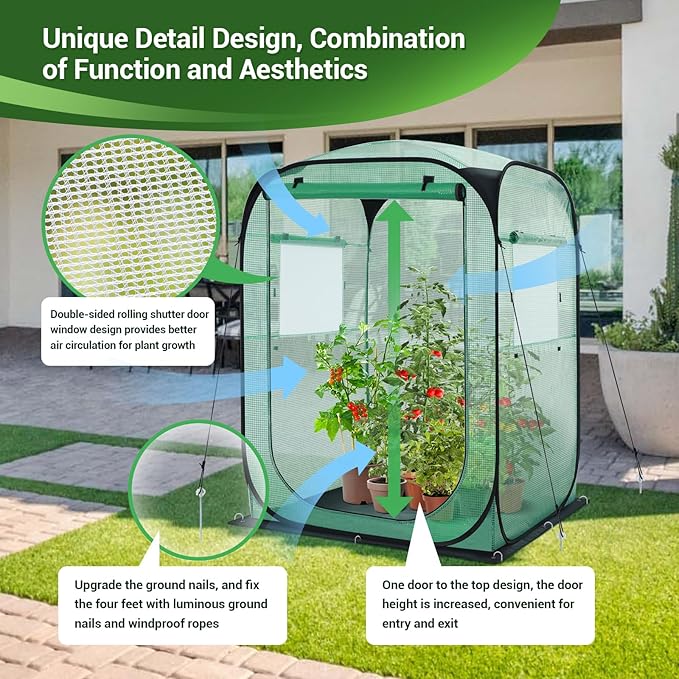 Ohuhu Pop Up Greenhouse for Outdoors, Portable Walk-in Mini Green House with Removable PE Mat & Mesh Window Fast Set-up GreenHouses for Indoor Outside Protecting Plant from Cold Frost & Birds