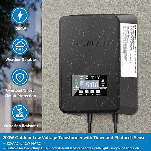 SUNVIE 200W Landscape Lighting Transformer Outdoor Low Voltage Landscape Transformer with Timer and Photocell Sensor Waterproof 120V to 12V/14VAC Low Voltage Transformer for Landscape Garden Lights