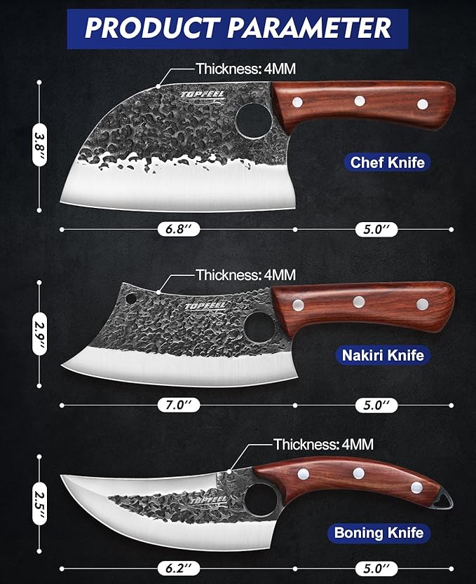 3PCS Butcher Knife Set, Hand Forged Serbian Chef Knives & Meat Cleaver & Viking Knives, Meat Cutting Kitchen Knife Set for Home, Outdoor Cooking, Camping BBQ Gift Idea Men