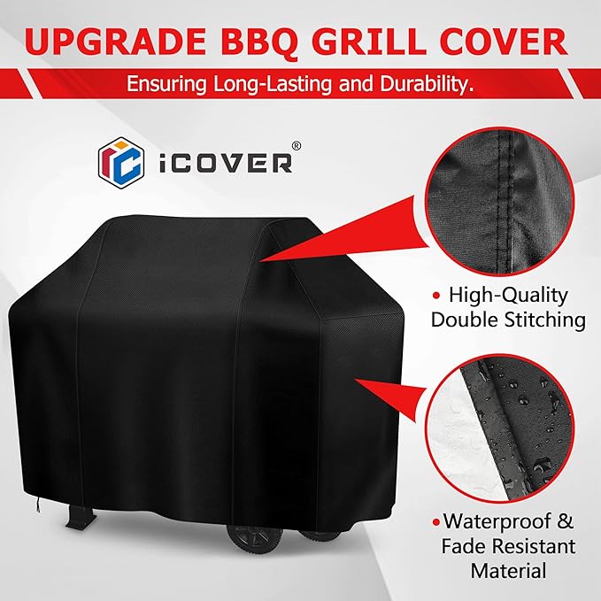 iCOVER Grill Cover, 58 inch BBQ Grill Cover for Outdoor Grill, Anti-UV & Fade Resistant Gas Grill Cover, Waterproof Barbecue Grill Covers for Weber, Char-Broil, Nexgrill and More, Black