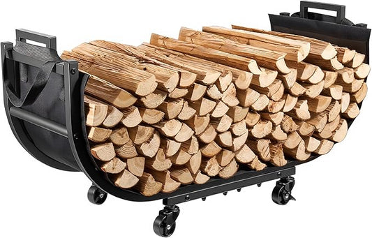 32 Inch Firewood Rack with Wheels & Removable Canvas Carrier, Indoor Outdoor Log Holder, Heavy-Duty Fireplace Wood Storage Rack