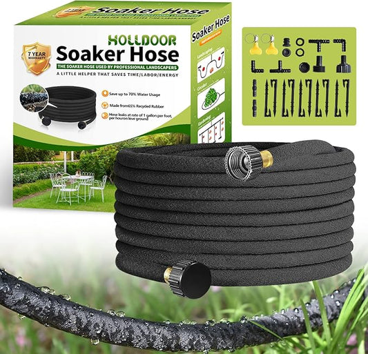 Soaker Hose 100 Ft for Garden Beds with Fittings Kit, 1/2’’ Soaker Hose for Foundation Watering, Heavy Duty Water Saving Drip Hoses for Lawn, Landscaping, Garden(100 FT)