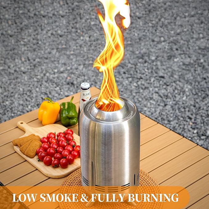 XL Portable Table Top Fire Pit, 12" Tabletop Smokeless Fire Pit with Travel Bag, Low Smoke Burning Outdoor Stove Firepit Fueled by Pellets or Wood Camping Patio (Stainless Steel,Sliver) 30.6x16.3cm