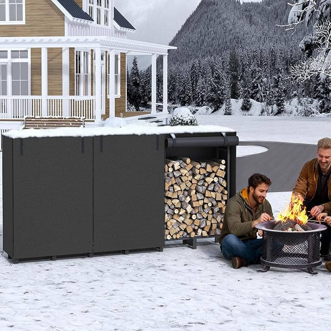HOOBRO 8FT Firewood Rack with Cover, Outdoor Firewood Log Rack, Adjustable Log Holder with Waterproof Cover, Fireplace Wood Storage, Heavy Duty Wood Holder, for Indoor and Outdoor, Black BB02CH02