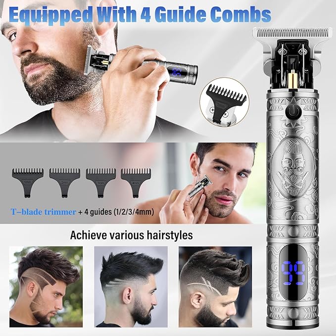 Professional Hair Trimmer Hair Clippers for Men, Nose Hair Trimmer Shaver Set,Cordless T-Blade Beard Trimmer Barber Clippers,Electric Razor Foil Shavers for Men Haircut Grooming Kit(Silver)
