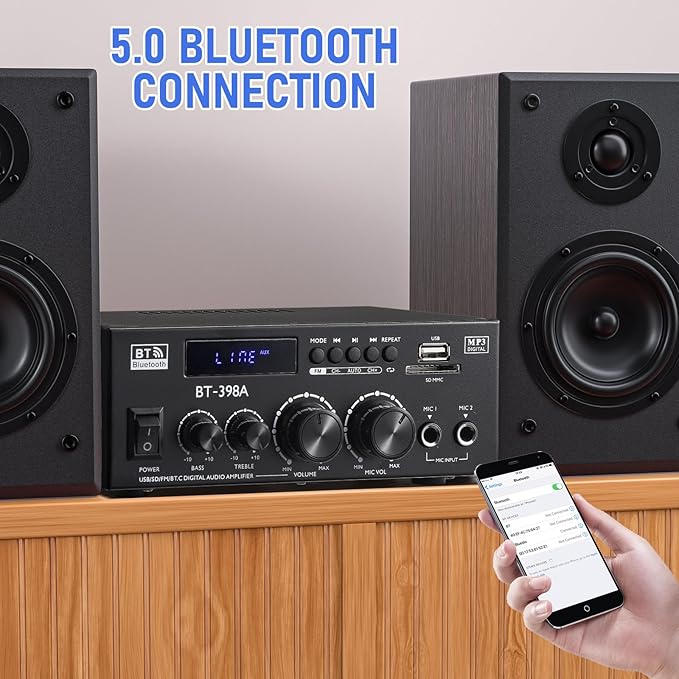 Facmogu BT-398A Stereo Digital Audio Amplifier, Max 450Wx2 HiFi Sound Audio Power Amplifier System, 2.0 Channel Receiver Amp for Home Theater Garage w/Fiber/Copper Jack, USB/SD/AUX/RCA/MIC in w/Echo