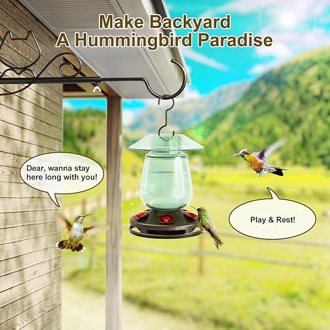 Auslar 16 Ounces Glass Hummingbird Feeders for Outdoors Hanging, Green Hummingbird Feeder with 5 Flower Feeding Ports & Built-in Ant Moat, Rustproof, Leakproof, Barn Lantern Shape