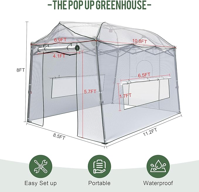 11 x 8.5 FT Walk-in Greenhouse, Portable Pop-up Green House 3 Adjustable Hights Heavy Duty Plant Gardening Canopy with Durable PE Cover for Indoor Outdoor (Clear and White)