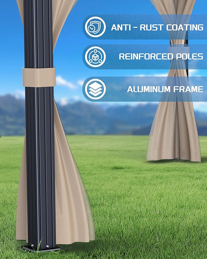 10x10 Ft Hardtop Gazebos with Heavy Duty Double Roof, Nettings and Curtains Galvanized Steel Outdoor Gazebos for Patio, Backyard, Deck, Lawn (Brown)