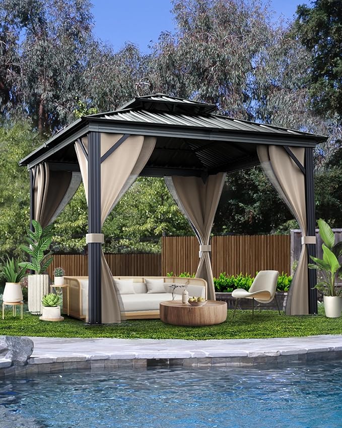 10x10 Ft Hardtop Gazebos with Heavy Duty Double Roof, Nettings and Curtains Galvanized Steel Outdoor Gazebos for Patio, Backyard, Deck, Lawn (Brown)