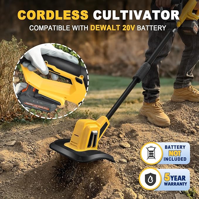 Cordless Garden Tiller Cultivator Compatible with Dewalt 20V MAX Battery, 270 RPM Electric Rototiller, 48 Steel Tines, 8.7" Tilling Width, 6.3" Depth, Rotary Tiller for Lawn/Gardening/Soil(Tool Only)
