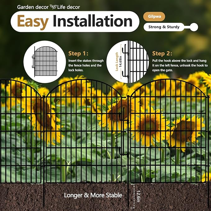 10 Panels Decorative Garden Fencing with Lock, 33in (H) x 22.31ft (L) No Dig Dog Fence Outdoor for Yard, Animal Barrier Rustproof Metal Temporary Panel Border for Rabbit, Dog and Patio Camping