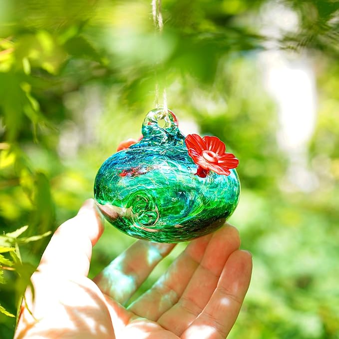 Pack 2 Blown Glass Hummingbird Feeders for Outdoors Small Glass Humming Bird Feeder for Window Hanging Ant and Bee Proof Humming Birds Feeders Decor for Garden Outside