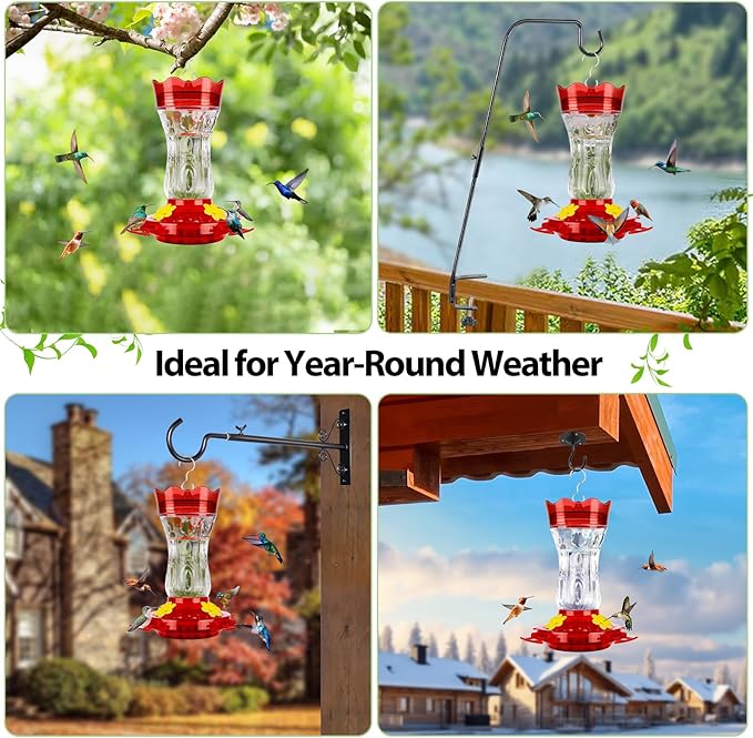 2 Pack Hummingbird Feeders for Outdoors, Built-in Ant Moat & Leakproof, XAROO Glass Hummingbird Feeder with 4 Bee Guard Feeding Ports, 15OZ, Red, Outdoor Garden Décor