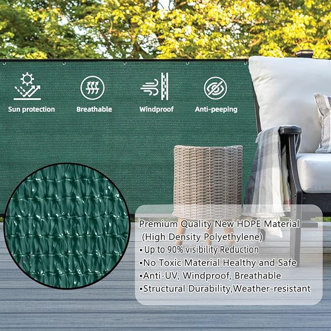 SUNLAX 2'6"x16.4' Dark Green Balcony Privacy Screen Fence Windscreen Cover Fabric Shade Netting Mesh Cloth with Grommets UV Protection for Patio, Backyard, Porch, Railing Shield 90%