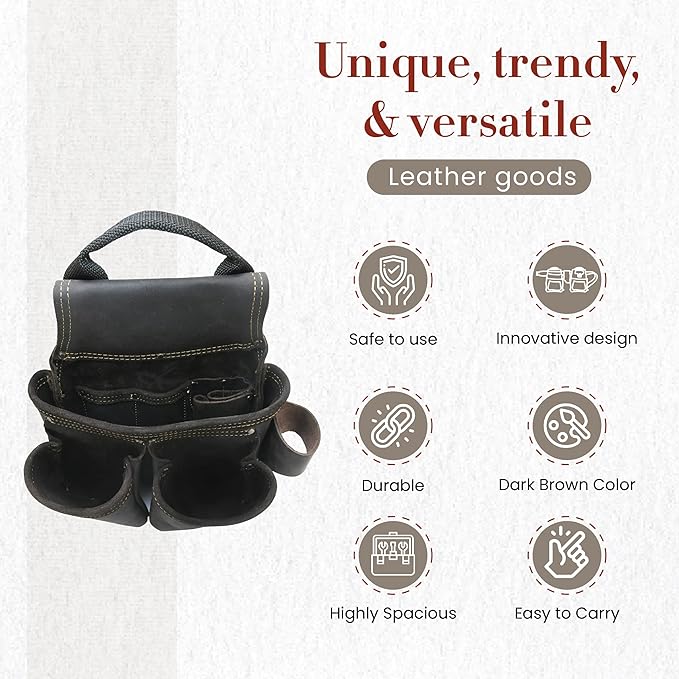 Style n Craft 4-Piece and 17-Pocket Pro Framer’s Combo, Tool Belt with 2 Tool Pouches and 1 Hammer Holder, Full-Grain Oiled Leather Tool Belt, Dark Brown (90429)