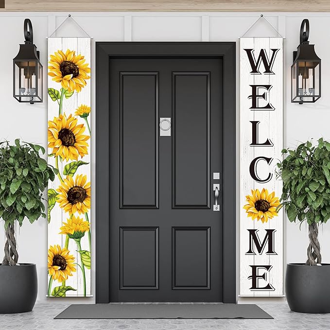 Tatuo Sunflower Welcome Hanging Banners Fall Porch Banners Flags Autumn Door Banner Thanksgiving Hanging Banner for Front Door Garden Home Yard Sunflower Party Decorations(White Background)