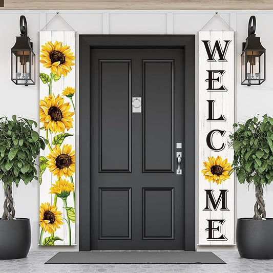 Tatuo Sunflower Welcome Hanging Banners Fall Porch Banners Flags Autumn Door Banner Thanksgiving Hanging Banner for Front Door Garden Home Yard Sunflower Party Decorations(White Background)