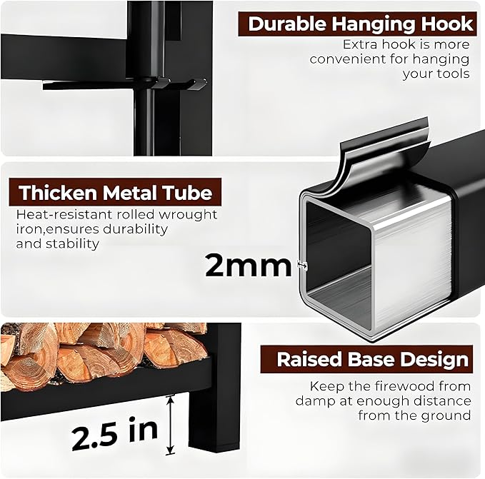 AMAGABELI GARDEN & HOME Firewood Rack Indoor with Tools 5-Piece Fireplace Tools Set Wood Holder Outdoor Wrought Iron Log Holder Heavy Duty Firewood Storage Rack for Fireplace,Fire Pit,Wood Stove Black