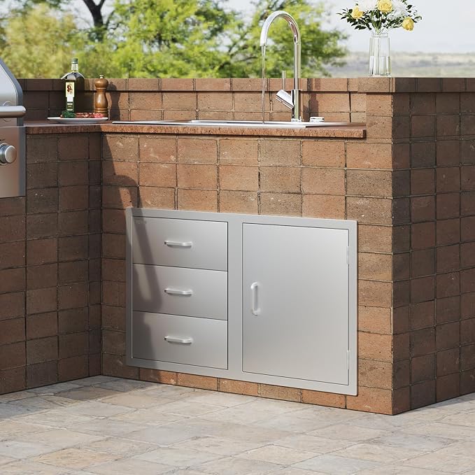 VEVOR BBQ Island Drawers 38.1W x 22.6H x 20.8D, Outdoor Kitchen Door Drawer Combo Cabinets, BBQ Access Door/Triple Drawers Combo, Stainless Steel Handles, Perfect for BBQ Island Patio Grill Station
