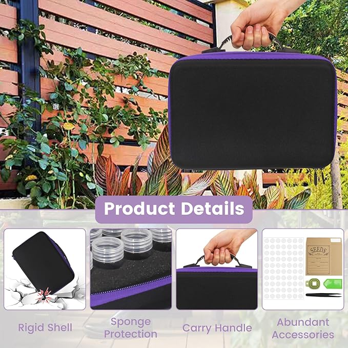 120 Slots Seed Storage Box with 25 Envelopes and Tools, Large Sturdy Storage Organizer for Garden Plant Seeds, Seed Bank with Zipper, Label, Funnel, Tweezers, Tray (Seeds Not Included)