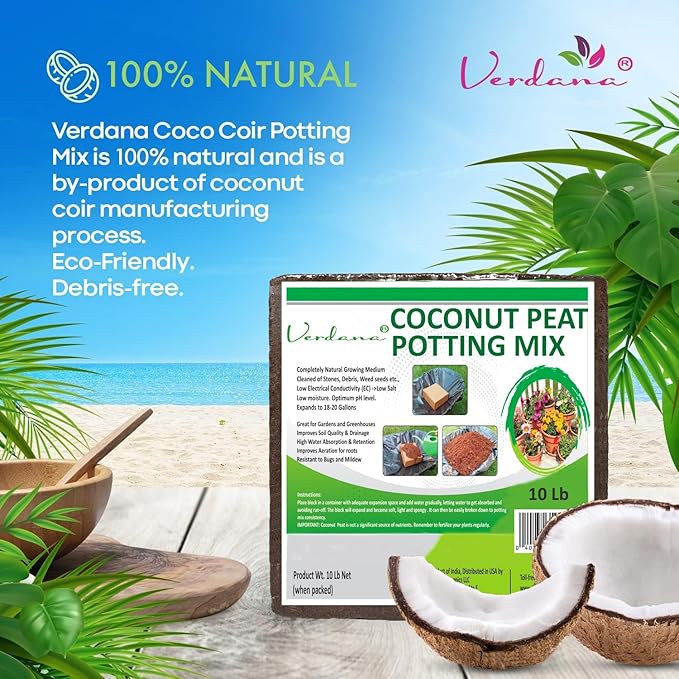Verdana Coco Coir Brick – 10 Lb Compressed Coconut Fiber Block Expands to 18 Gallons – Potting Mix, Raised Bed Soil & Peat Moss Alternative for Organic Gardening & Seed Starting