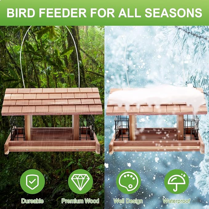 Wooden Bird Feeder for Outdoors Hanging Mount Large Capacity, Red Cedar Garden Roof Feeder with 2 Suet Cages, Cardinal Bluebird Birdfeeder for Garden Decoration Yard, Weatherproof Durable
